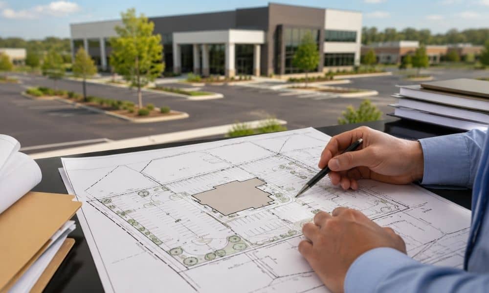 Commercial property site plan being reviewed as part of an ALTA survey, showing building layout, parking areas, and property boundaries