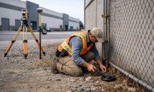 A land surveyor locates a property corner marker beside a commercial fence during an ALTA survey after discovering a boundary issue
