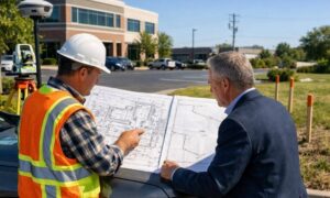 Surveyor reviewing an ALTA survey and standard boundary survey plans with a commercial property owner before financing and closing