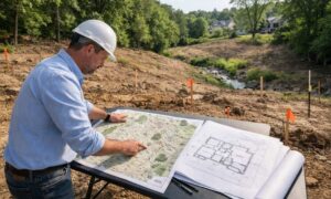 Architect reviewing a topographic survey and house plans on a sloped residential lot before designing a new home