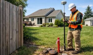 A land surveyor performs a boundary survey near a residential property fence