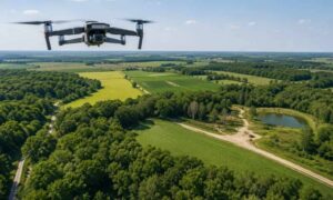 A drone flies over a rural Wisconsin property during drone surveys, capturing farmland, wooded areas, and access roads